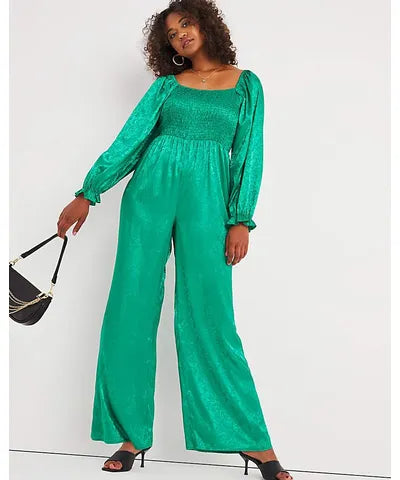 Green Jacquard Shirred Jumpsuit