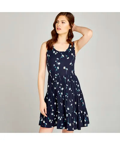 Navy Falling Daisy Print Tiered Swing Dress