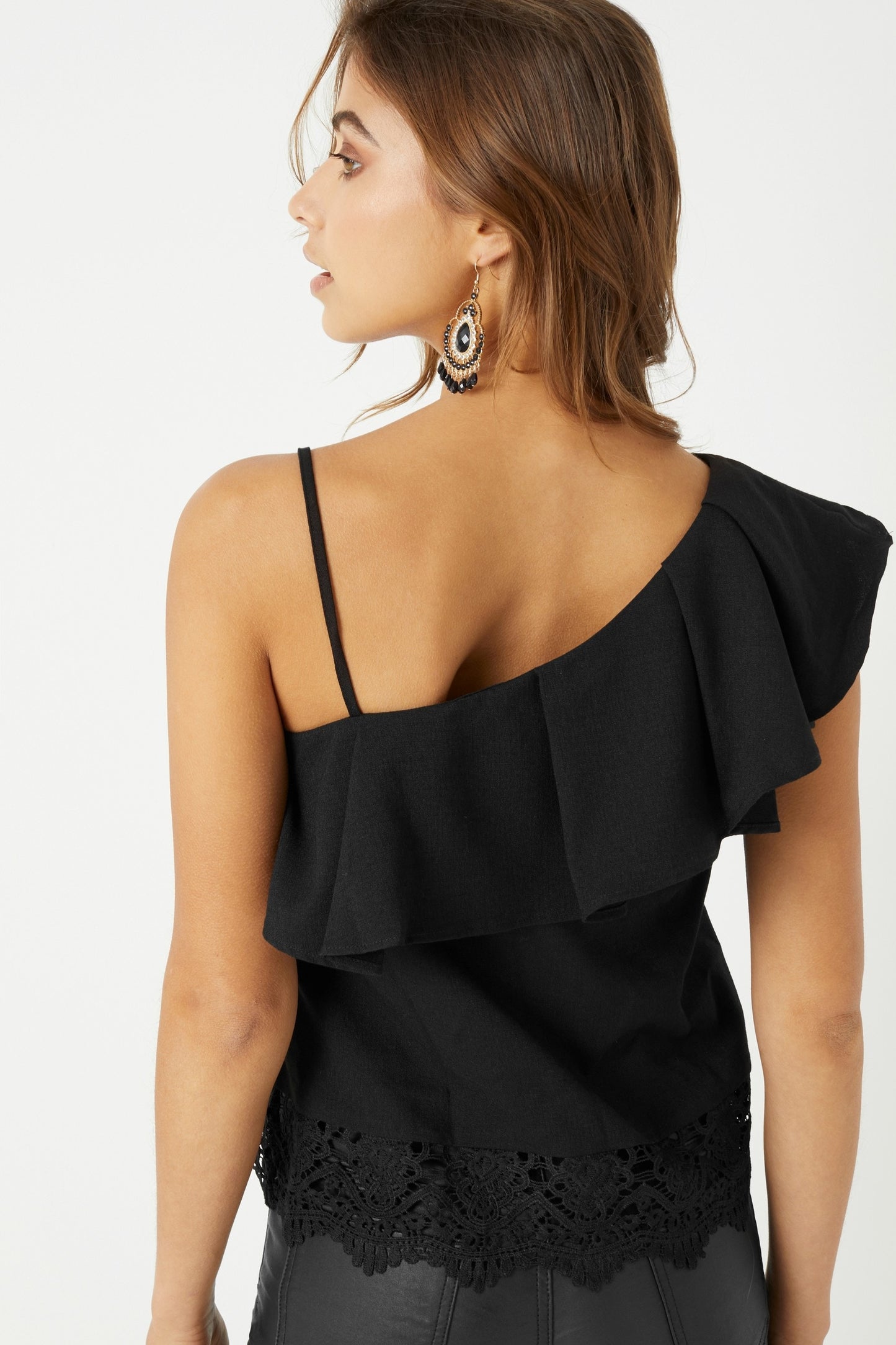 Black One Shoulder Crochet Top