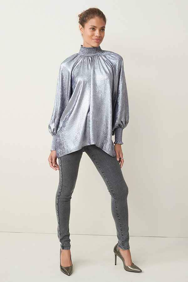 Shirred Neck Metallic Longsleeve Blouse