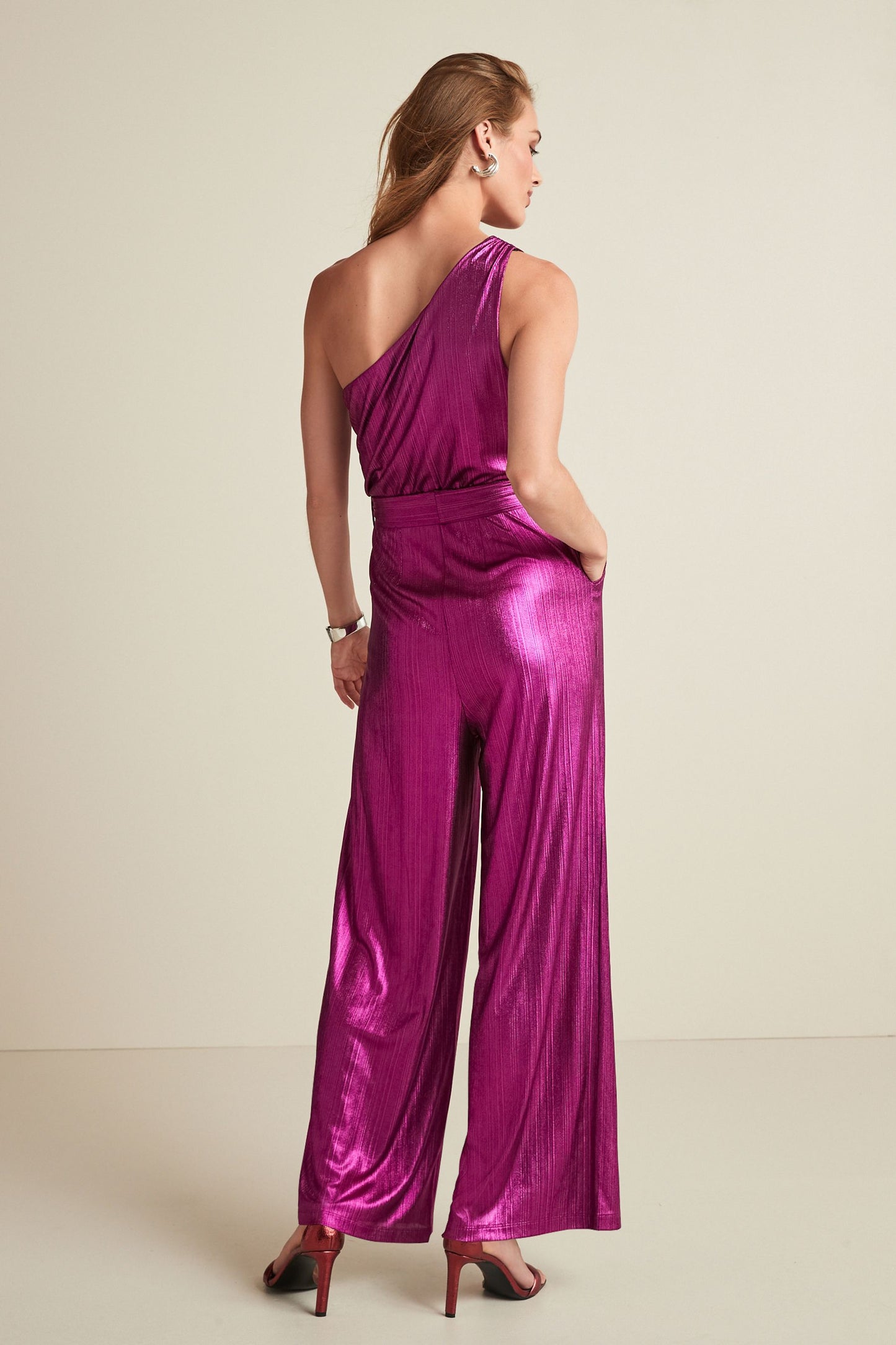 Pink Tailored Metallic One Shoulder Jumpsuit