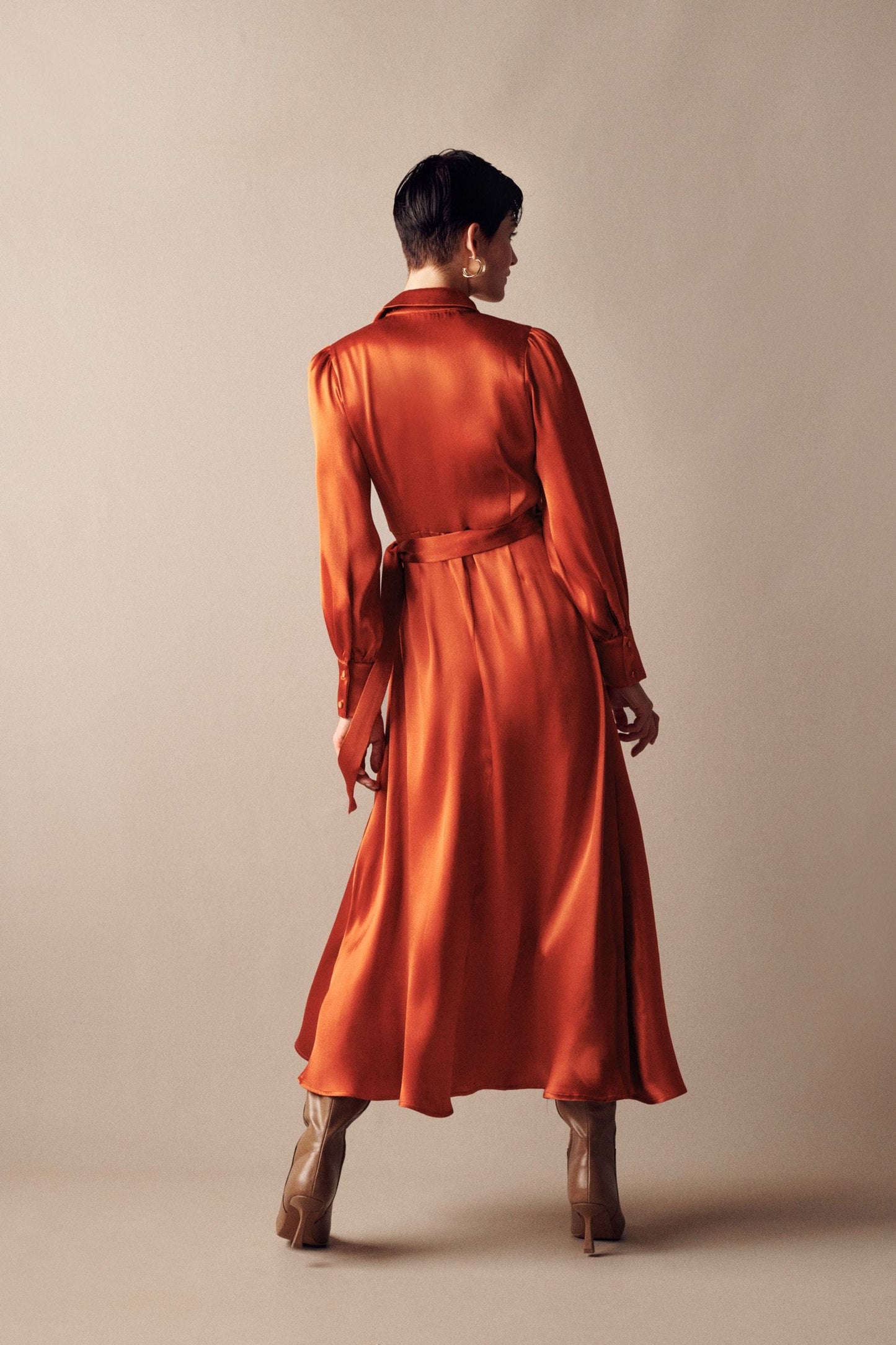 Copper Orange Satin Shirt Dress