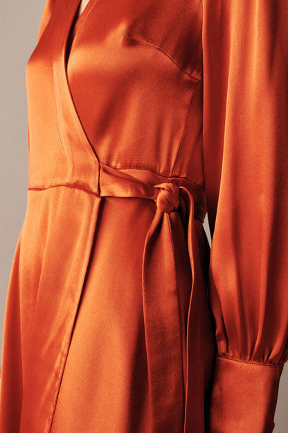 Copper Orange Satin Shirt Dress