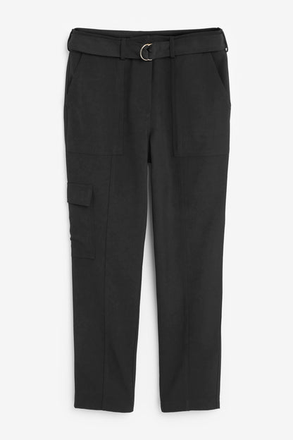 Black Smart Utility Cargo Belted Taper Trousers