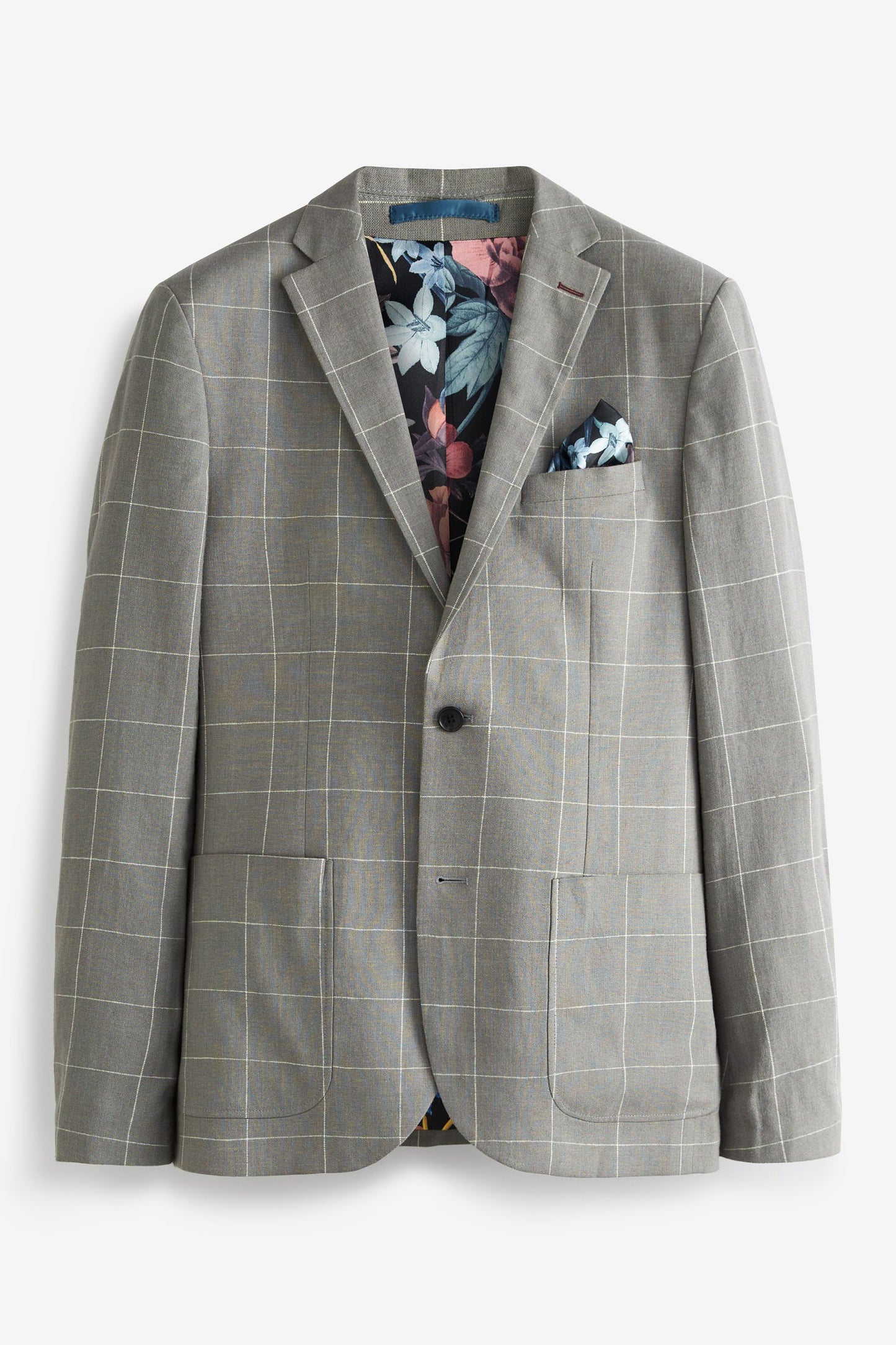 Grey Windowpane Check Linen Blend Blazer