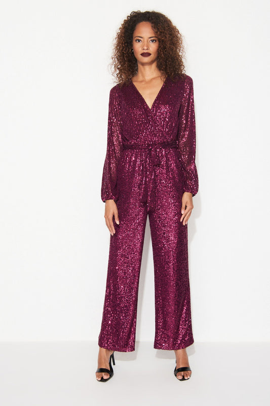 Red Berry Long Sleeve Sequin Jumpsuit