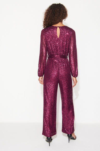 Red Berry Long Sleeve Sequin Jumpsuit