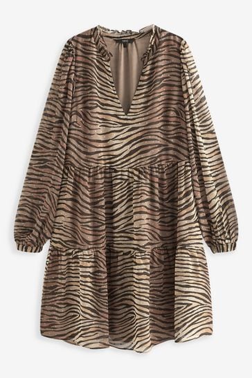 Zebra Tiered Mini Dress Brown