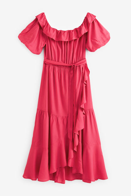 Pink Off Shoulder Midi Dress