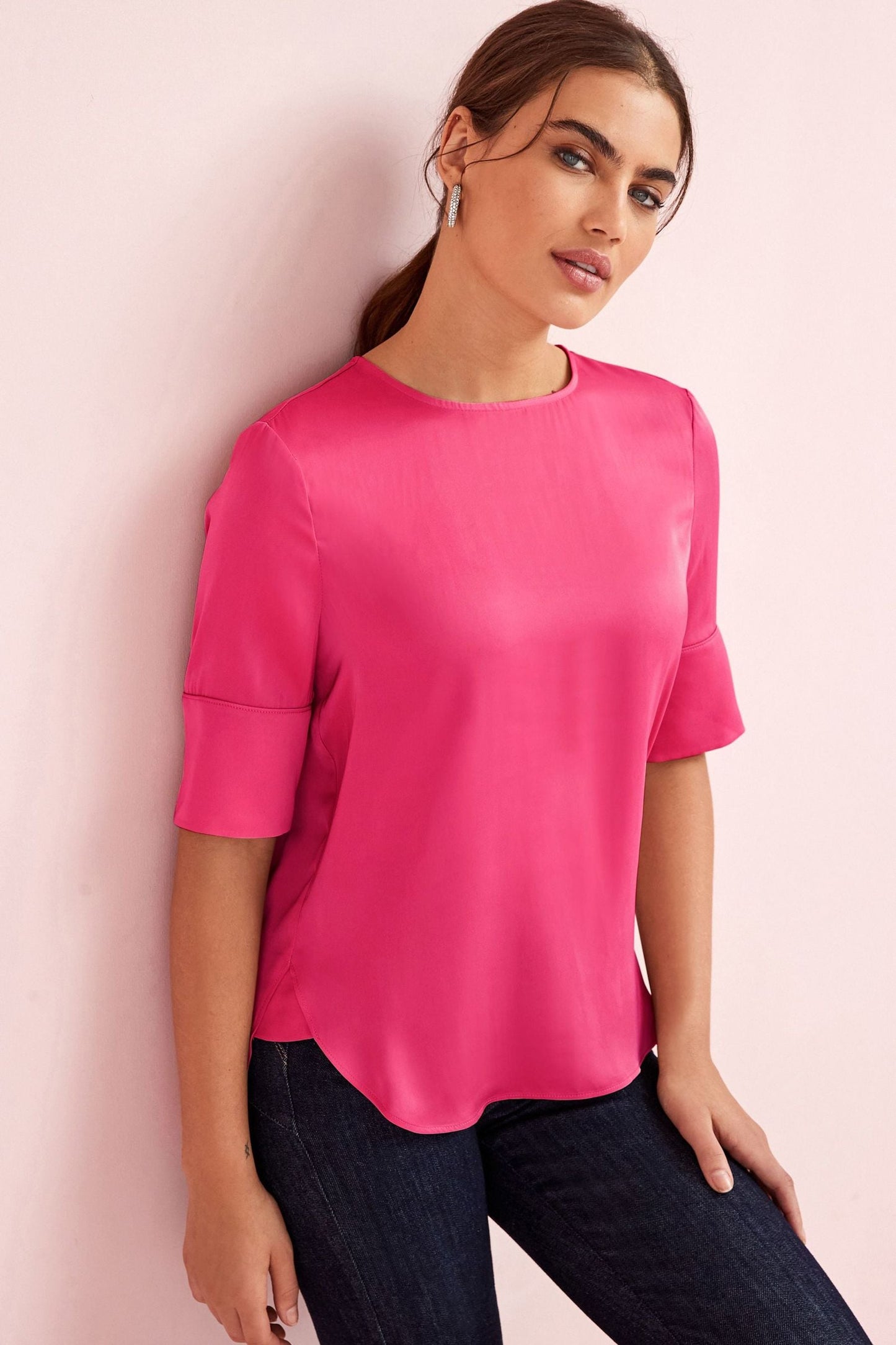 Curved Hem Satin Top Pink