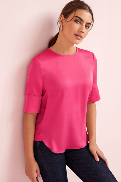 Curved Hem Satin Top Pink