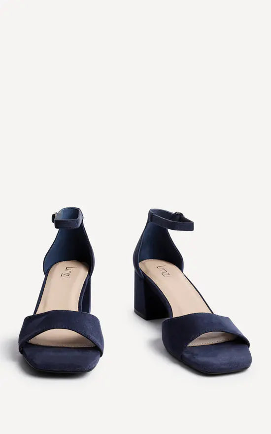 Navy Faux Suede Low Block Heeled Sandals