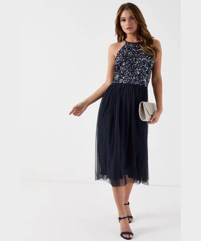 Halter Midi Neck Dress Navy