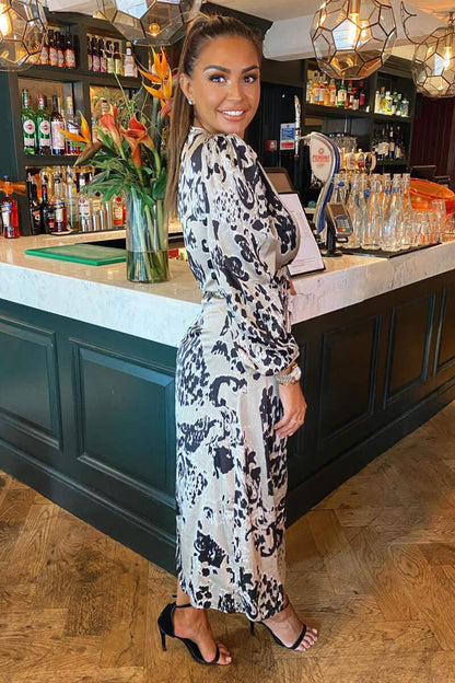 Multi Animal Print V Neck Split Leg Midi Dress