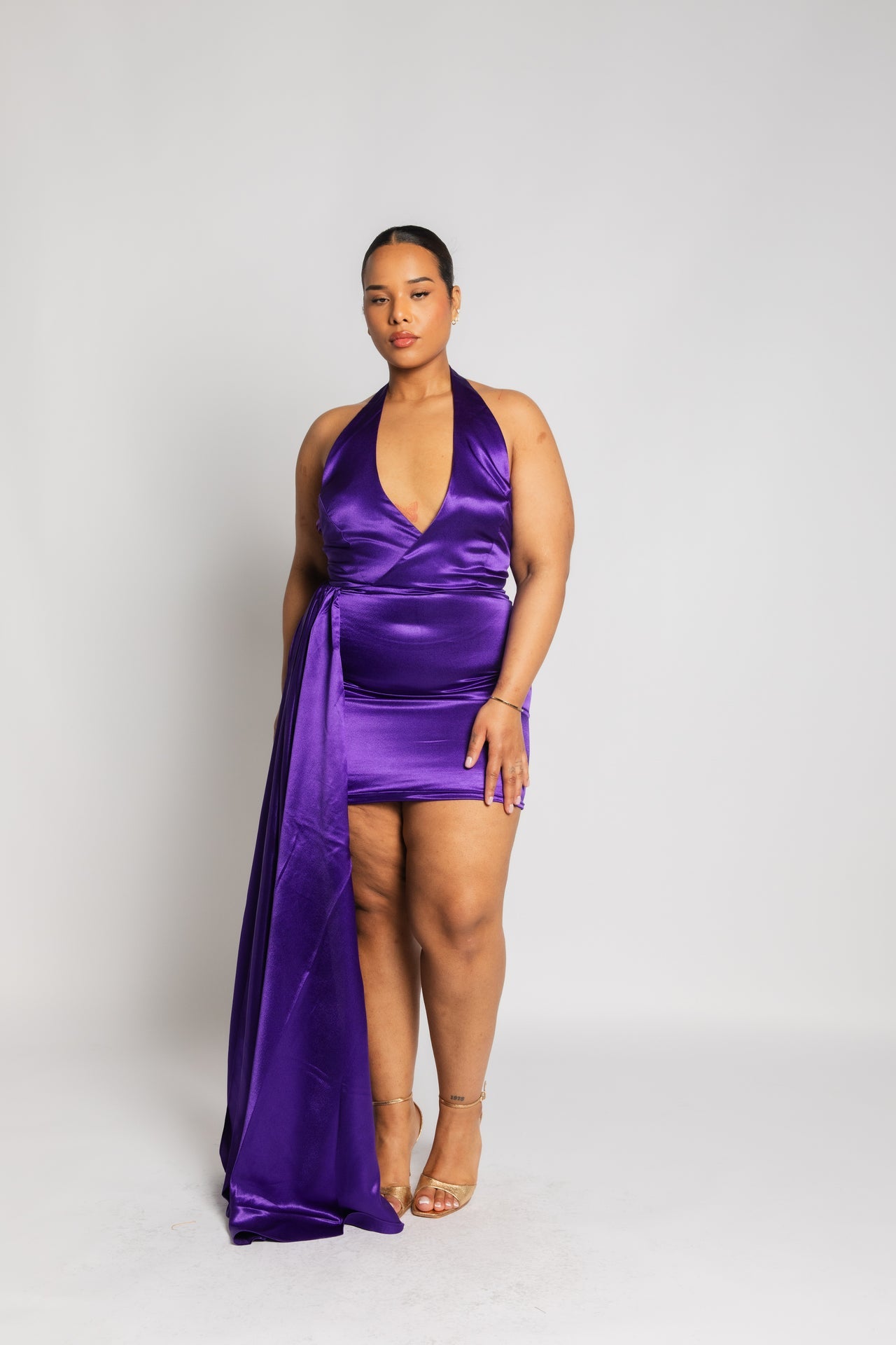 Plunge Mini Dress with Train in Vibrant Purple