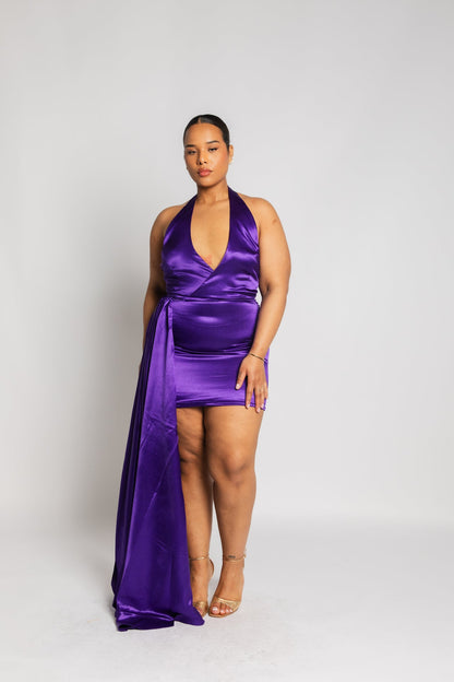 Plunge Mini Dress with Train in Vibrant Purple