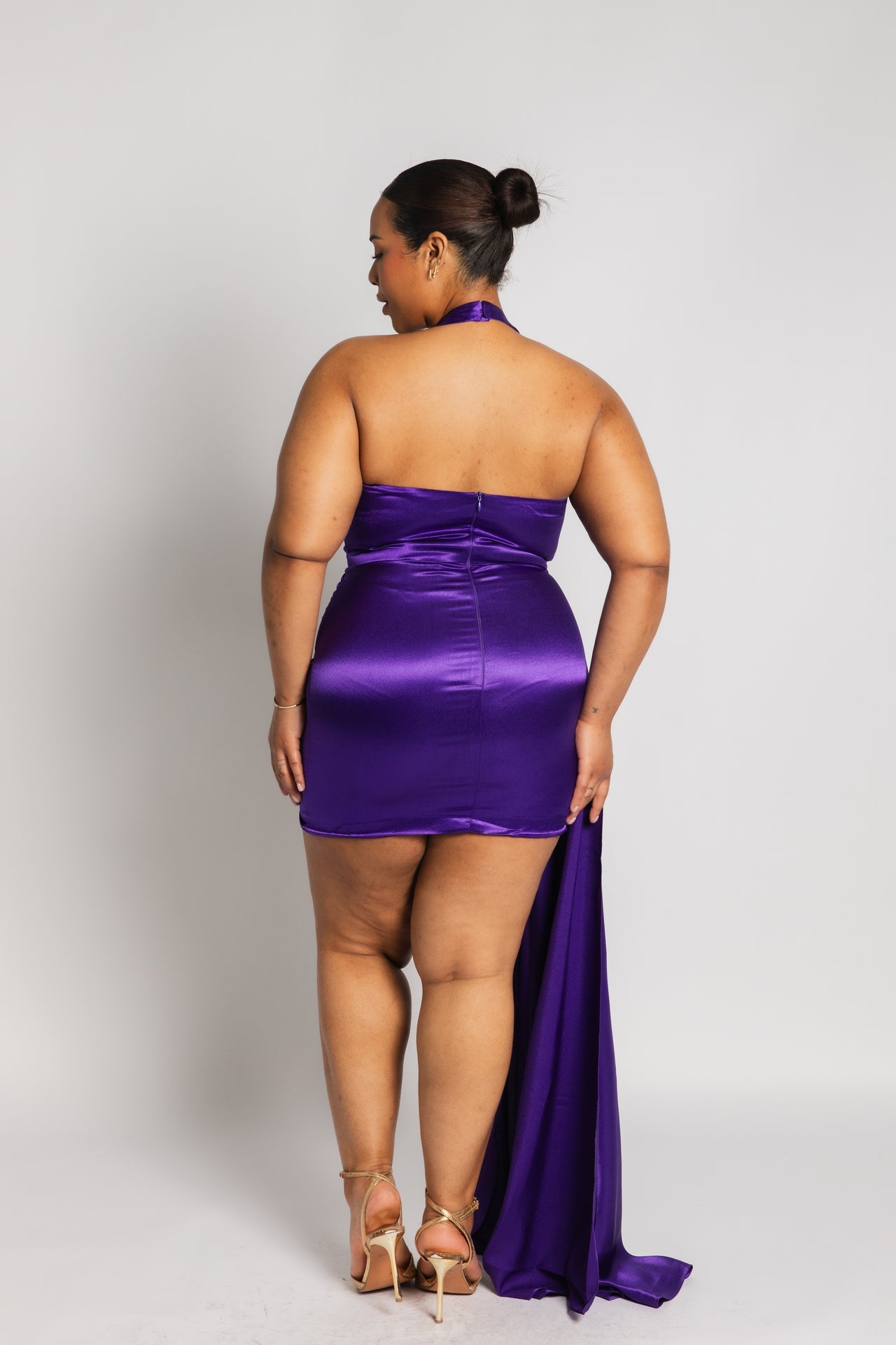 Plunge Mini Dress with Train in Vibrant Purple
