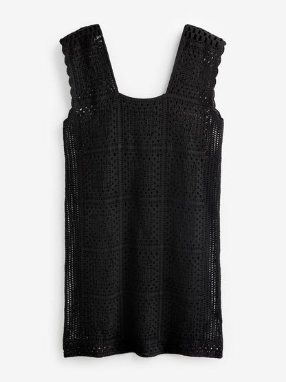 Black Crochet Square Neck Mini Dress