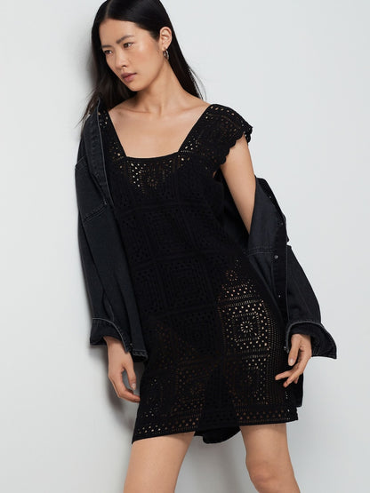 Black Crochet Square Neck Mini Dress