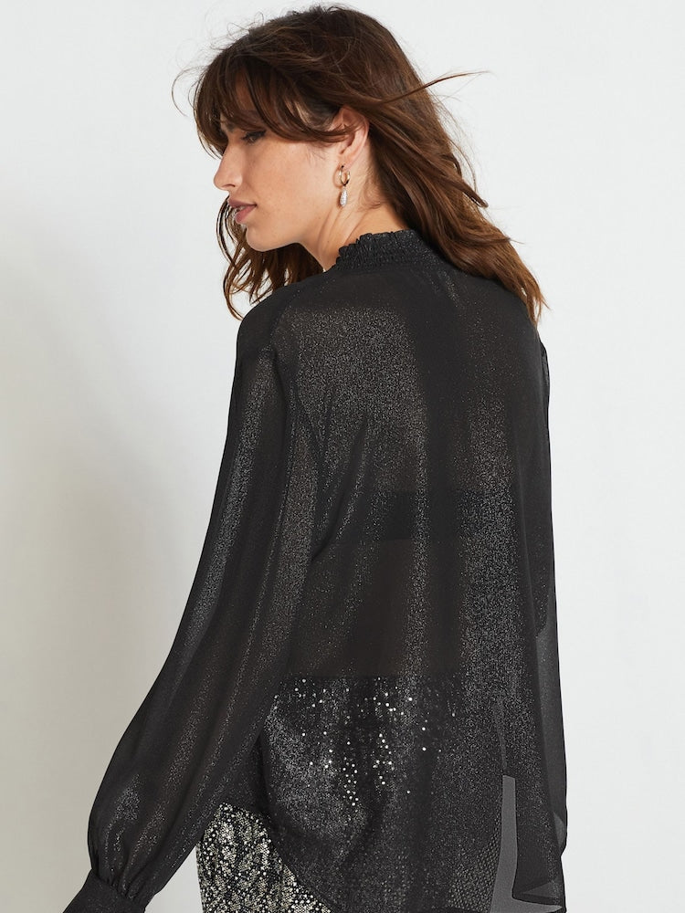 Black Paisley Black Sparkle Tie Neck Blouse