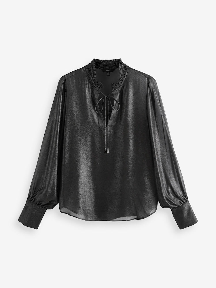 Black Paisley Black Sparkle Tie Neck Blouse