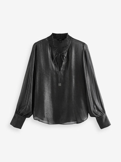 Black Paisley Black Sparkle Tie Neck Blouse