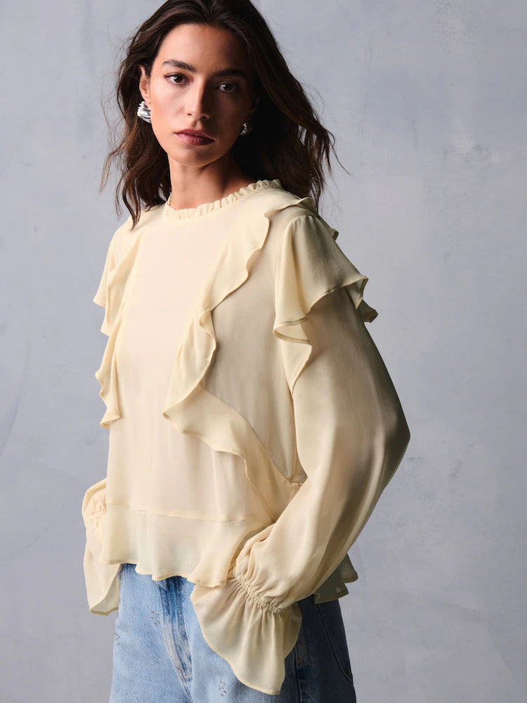 Ecru Ruffle Long Sleeve Blouse