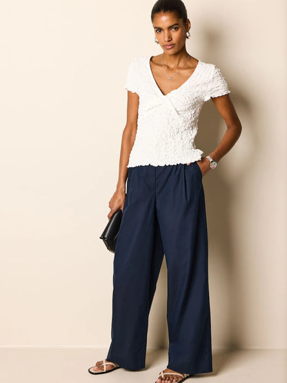 Navy Blue Cotton Mix Smart Wide Leg Trousers