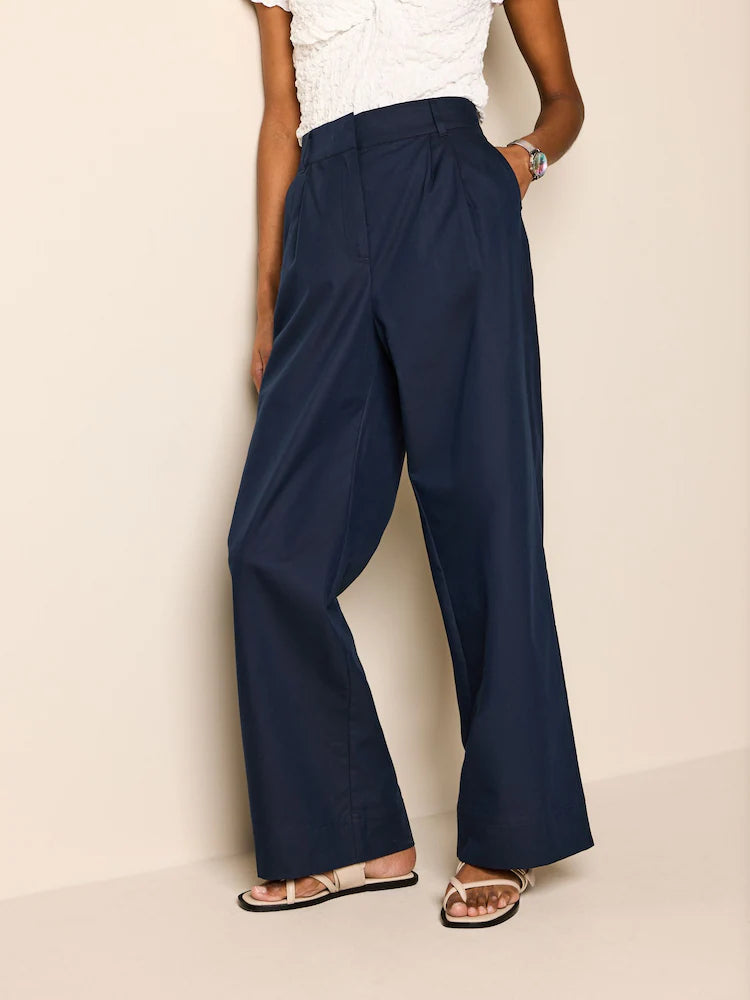 Navy Blue Cotton Mix Smart Wide Leg Trousers