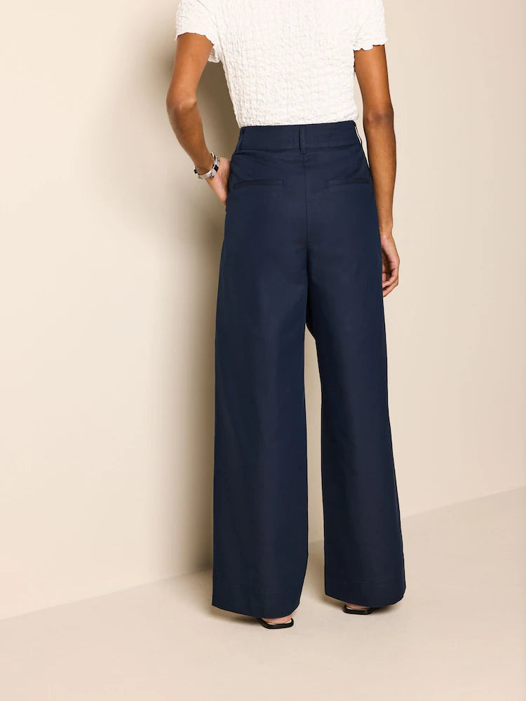 Navy Blue Cotton Mix Smart Wide Leg Trousers