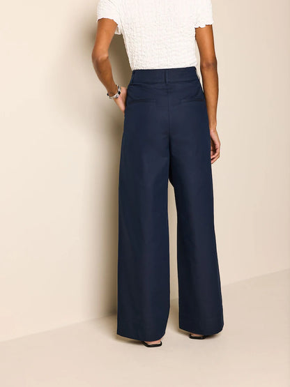 Navy Blue Cotton Mix Smart Wide Leg Trousers
