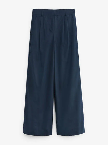 Navy Blue Cotton Mix Smart Wide Leg Trousers