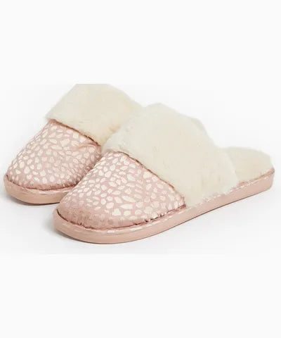 Pink Leopard Print Faux Fur Trim Mule Slippers