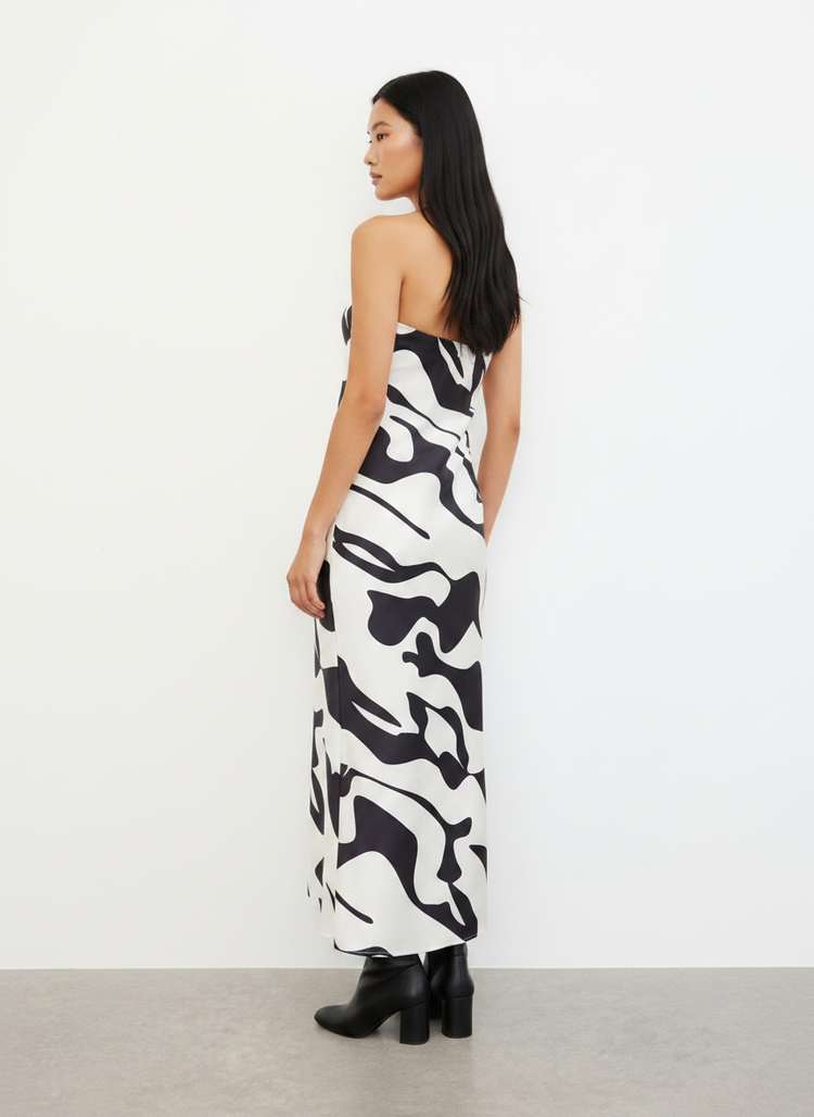 Abstract Satin Bandeau Maxi Dress