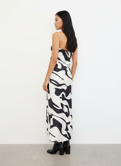 Abstract Satin Bandeau Maxi Dress