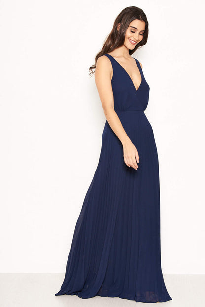 Lace Straps Navy Pleated Maxi Dress