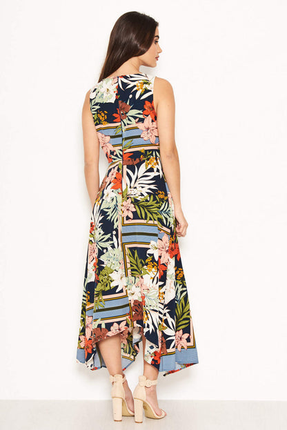 Navy V-Neck Tropical Maxi Dress