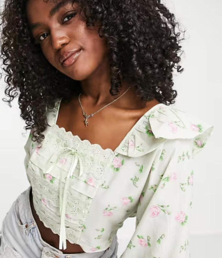 Square Neck Top With Frill Detail & Ribbon Insert in Pink Paisley Print