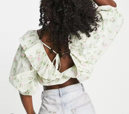 Square Neck Top With Frill Detail & Ribbon Insert in Pink Paisley Print