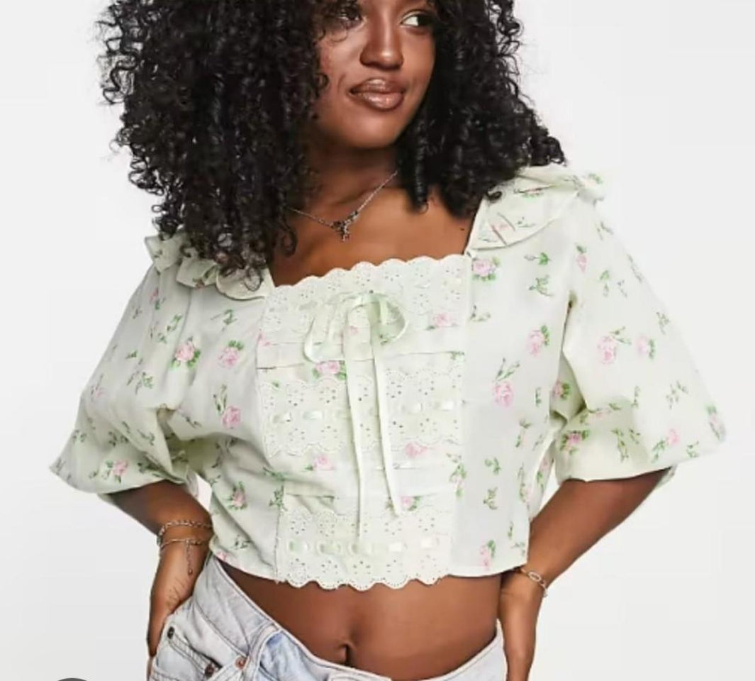 Square Neck Top With Frill Detail & Ribbon Insert in Pink Paisley Print