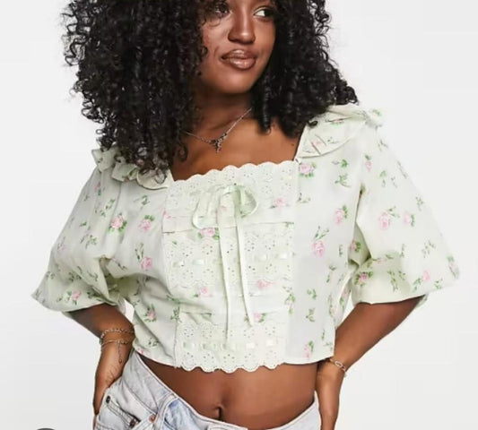 Square Neck Top With Frill Detail & Ribbon Insert in Pink Paisley Print