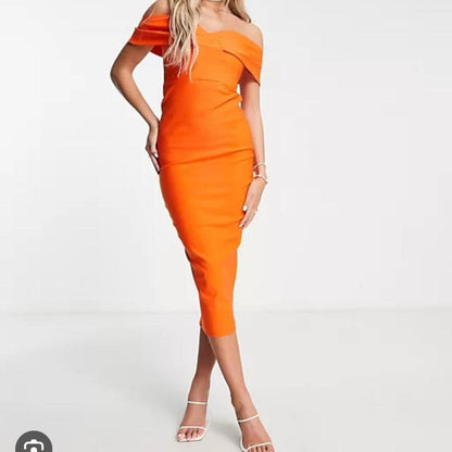 Vesper Bardot Midaxi Dress In Orange