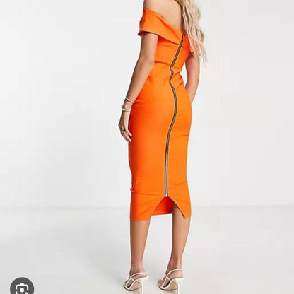 Vesper Bardot Midaxi Dress In Orange