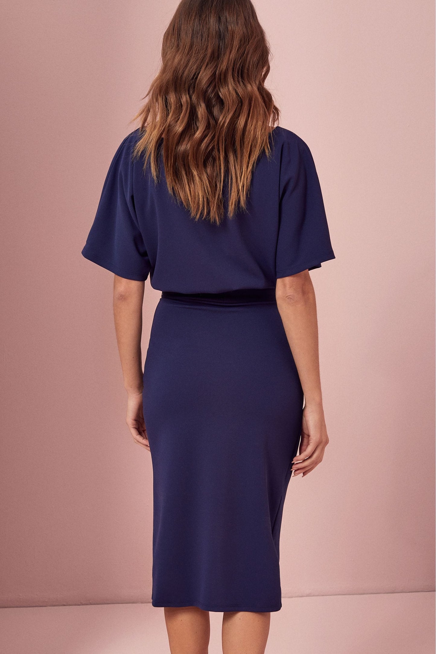 Kimono Sleeve Belted Midi Dress Navy