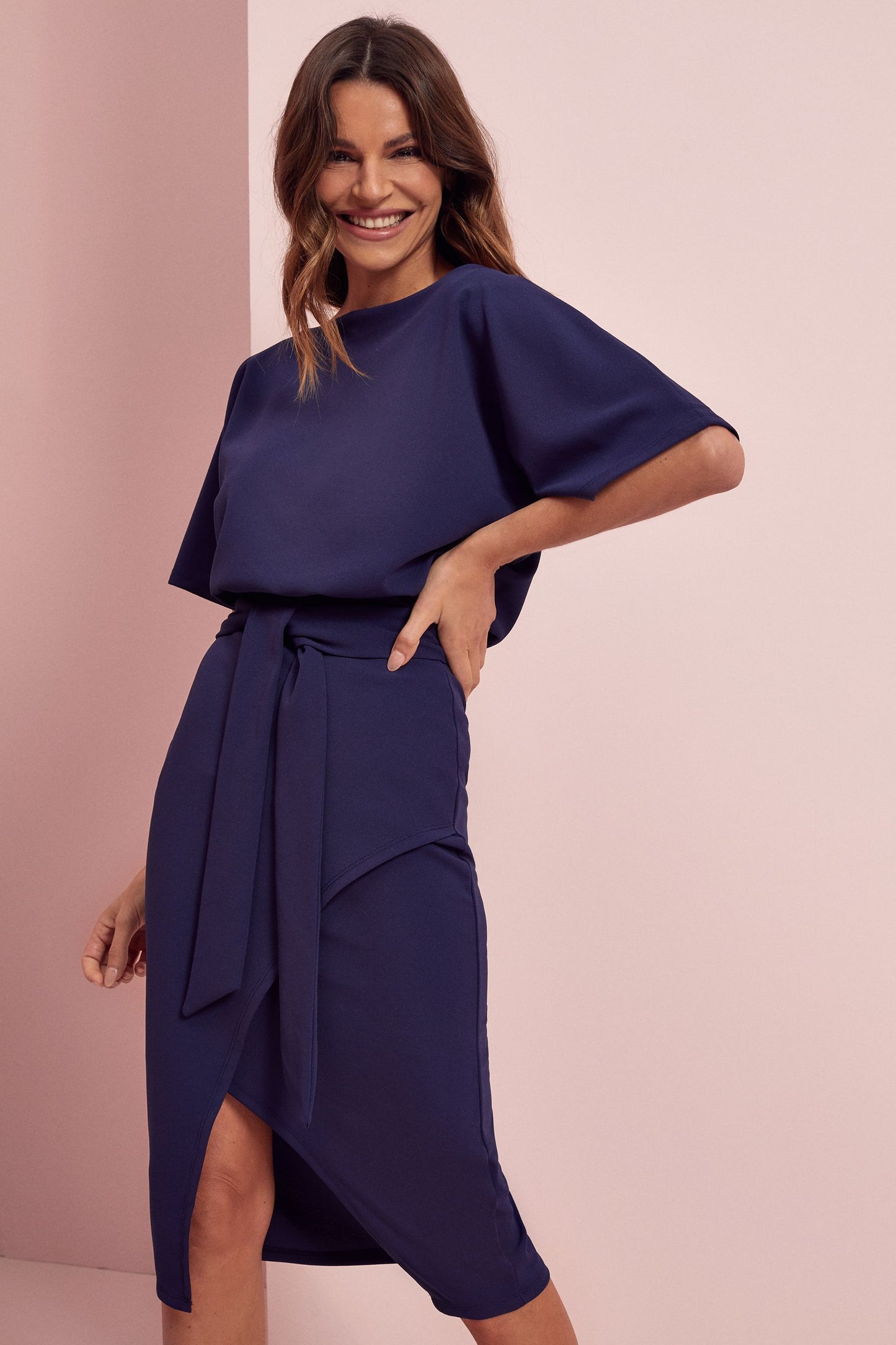 Kimono Sleeve Belted Midi Dress Navy