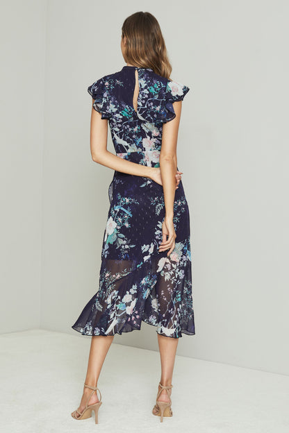 Printed Keyhole Ruffle Fit and Flare Midi Dress