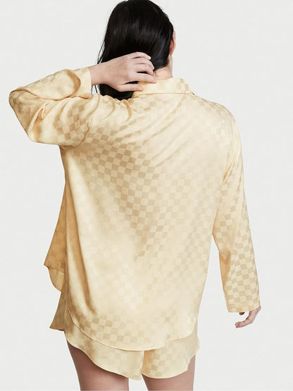 Faded Wheat Yellow Check Satin Long Pyjamas Top