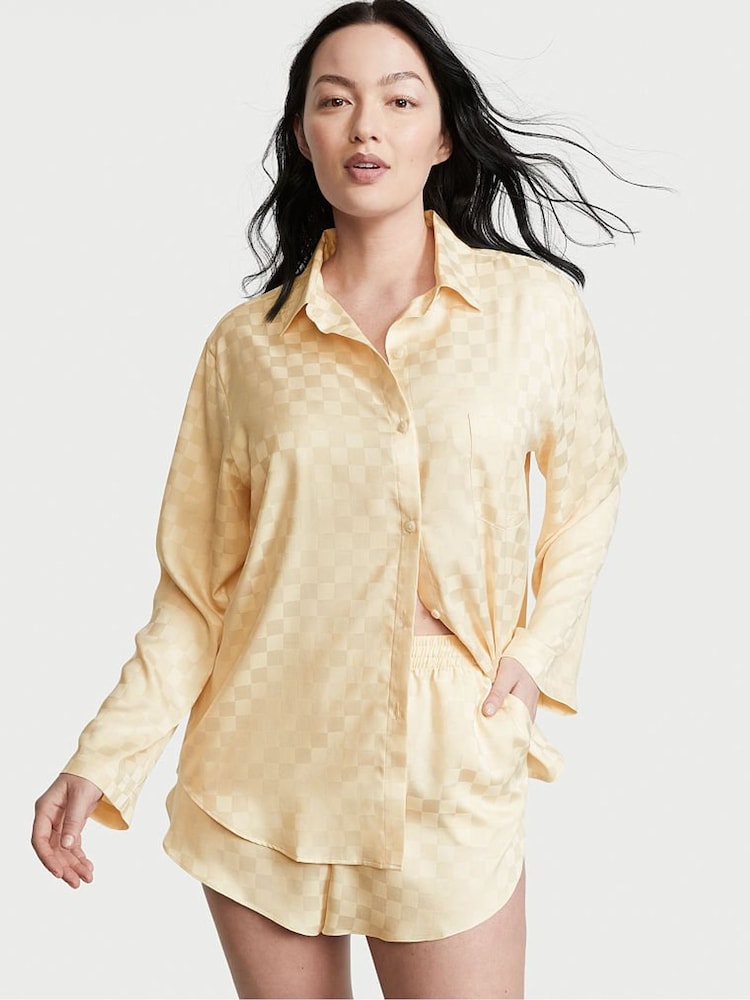 Faded Wheat Yellow Check Satin Long Pyjamas Top