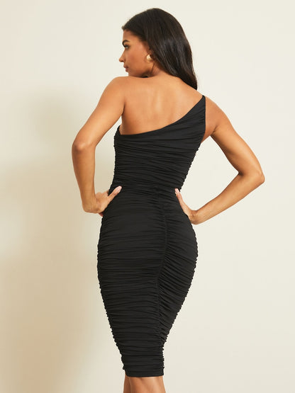 Black One Shoulder Slinky Midi Dress