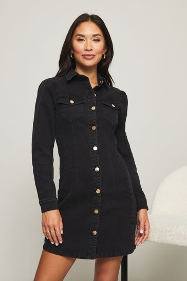 Black Puff Sleeve Seamed Denim Dress